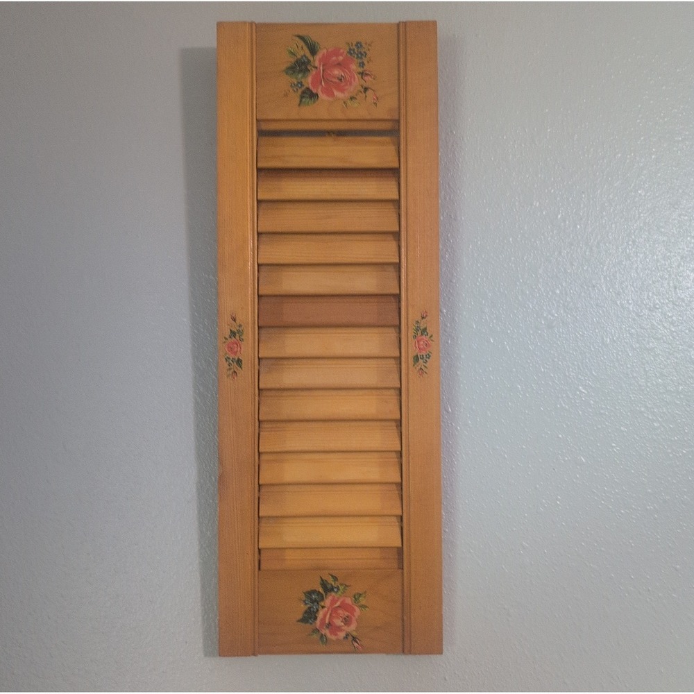 Vintage Wooden Louvered Wall Panel 20" Hanging Shutter Flowers Country Cottage